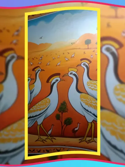 A beautiful mural of Sarus cranes, painted in a style inspired by traditional Indian folk art. This is perfect for bringing a touch of nature indoors.