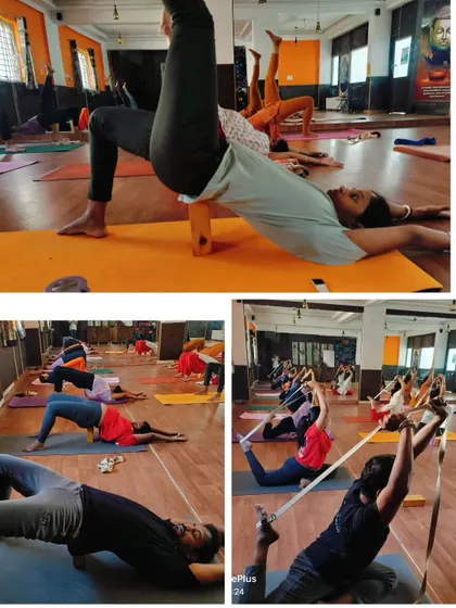This collage shows the variety of props we use in class. You can see a student using a block for support in a one-legged bridge pose and others using straps to deepen their stretches, achieving 'Sthiram Sukham Asanam', a stable and comfortable pose.