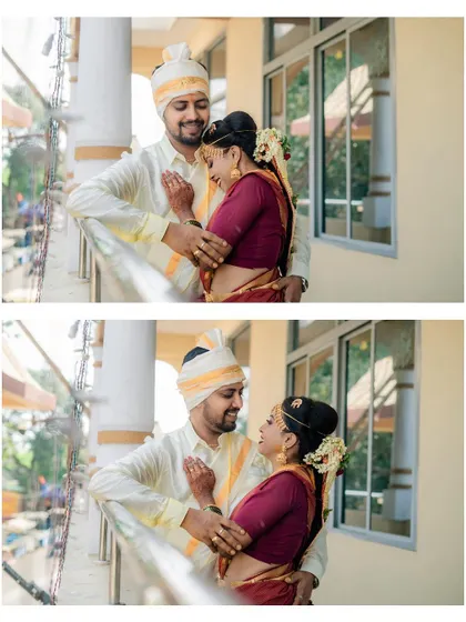 A collage of a couple sharing sweet, candid moments on a balcony.