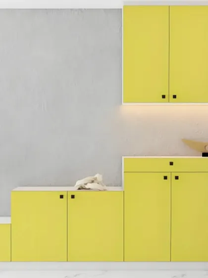 For a bold and modern look, this bright yellow modular storage unit makes a statement. The stepped design provides both storage and display surfaces, perfect for a contemporary home.