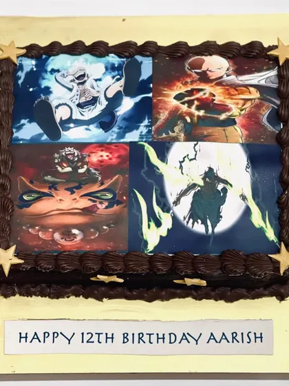 A photo cake for a 12th birthday, featuring a collage of four different anime characters. This is a great way to include multiple favorites on one cake.