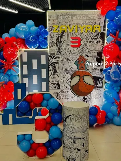 My superhero themed decorations are always a hit. This collection shows various Spiderman and Avengers setups, complete with character cutouts, comic book backdrops, and welcome signs for your little hero.