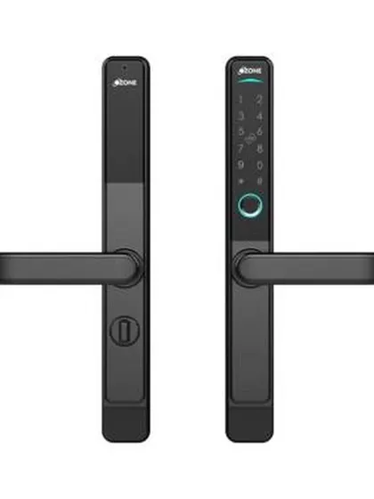 A front and back view of the narrow-style digital lock. This shows the sleek exterior keypad and the interior handle with its manual lock, suitable for doors 35-80mm thick.