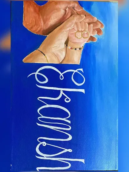 This custom name board for a naming ceremony features a detailed oil painting of the parents' and baby's hands. The royal blue background gives it a bold and modern feel.