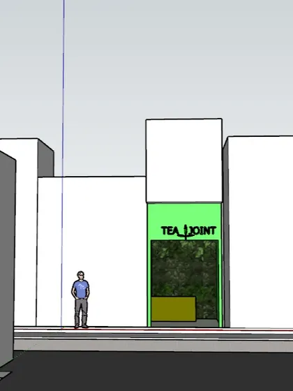 A conceptual module for "Tea Joint," designed to turn traditionally "unlucky" T-junction locations into prime business spots. The architecture is designed to be inviting from all three converging directions.