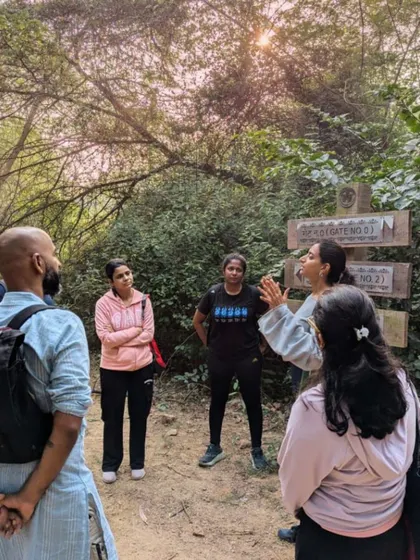 Participants listen intently during a guided forest therapy walk. These moments of shared learning and observation are key to the Shinrin-Yoku practice.