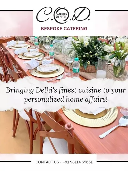 We bring our fine dining experience to your home. This image shows an elegant table setting for a personalized home affair, complete with gold charger plates, fresh flowers, and premium cutlery.
