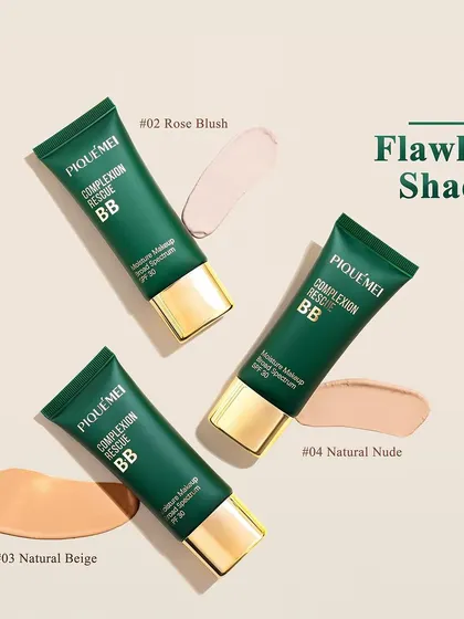 A clean and informative swatch shot showing three different shades of BB cream. This type of image is essential for beauty brands to help customers choose the right shade, and we styled it with a neat, floating composition.