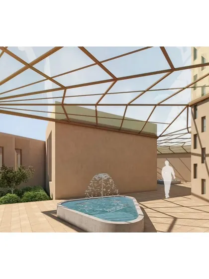A view of a walkway within the Qism Al Tahfeez center. The design uses a modern interpretation of a traditional mashrabiya screen, with a patterned canopy that casts intricate shadows and provides shade.