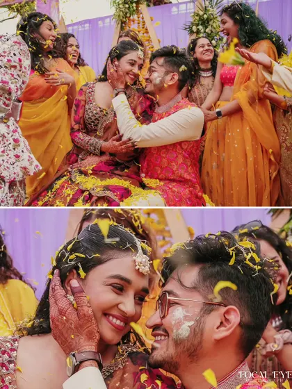 A collage showing friends and family lovingly applying Haldi to the couple, capturing the intimacy of the ritual.