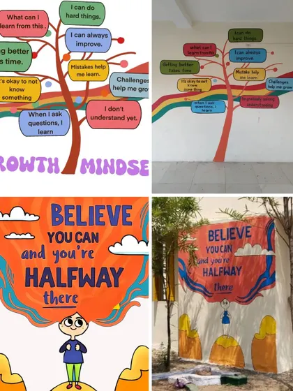 A "Growth Mindset" tree mural and a "Believe You Can" mural, both designed to build confidence and resilience in students.