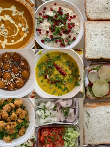 Another collage showing the variety of dishes from a catered lunch.
