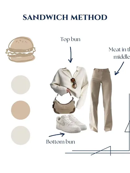 This monochromatic look also uses the Sandwich Method. The off-white top and sneakers create the "buns," while the slightly darker beige pants and bag serve as the "meat," resulting in a chic, tonal outfit.