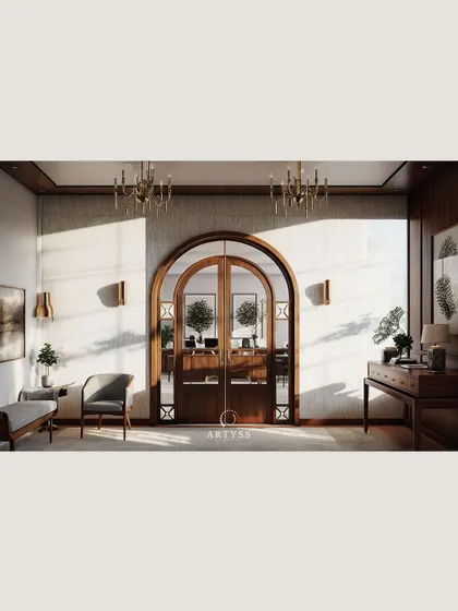 A wide shot of the colonial-style concept, showcasing the symmetrical layout, arched doorways, and classic chandeliers. It's a design that speaks of heritage and grace.