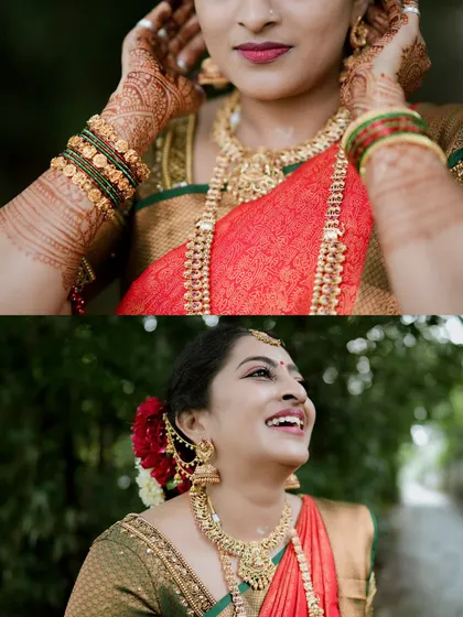 A diptych showing close-ups of the bride's henna-covered hands and her joyful, upward glance.