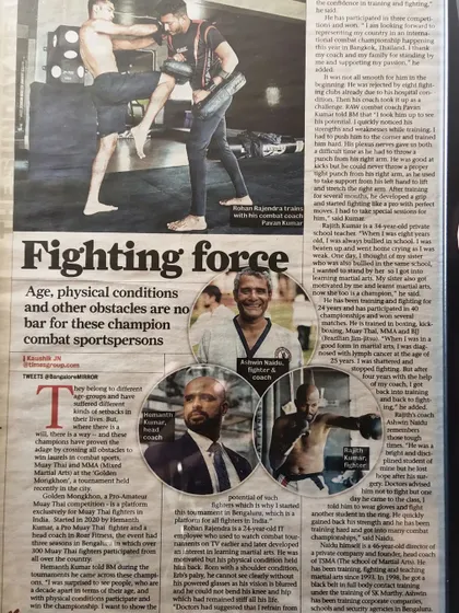 We were honored to be featured in the Bangalore Mirror for our inclusive approach to combat sports. The article, "Fighting Force," tells the story of how age and physical conditions are no bar for our champion sportspersons.