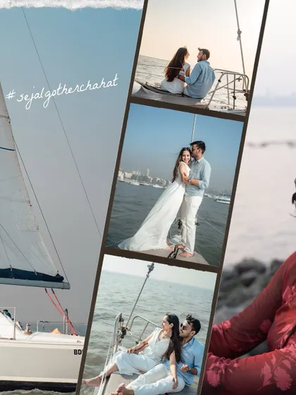 This collage highlights a beautiful pre-wedding shoot on a sailboat in Mumbai. It showcases the variety of romantic and scenic shots we can capture on the water.