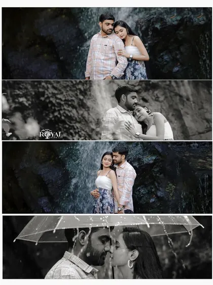 A four-panel collage capturing a story of romance by the waterfall, with a mix of color and black and white shots under an umbrella.