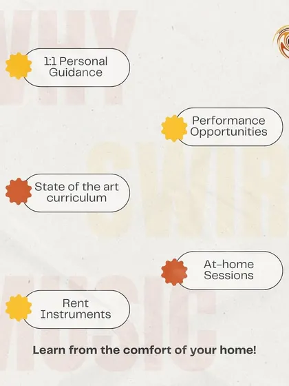 This graphic highlights some of the key benefits of learning with us. We have a state-of-the-art curriculum, but we also offer the flexibility of renting instruments and learning from the comfort of your home.