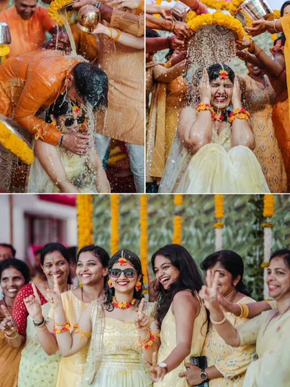 A duplicate of image 277, a collage full of energy and fun from a Haldi ceremony.