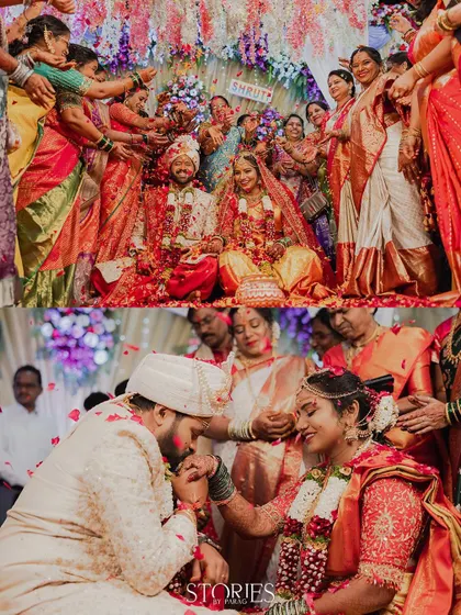 Two powerful moments from a wedding ceremony. The top photo shows the couple being showered with blessings and petals by their family, and the bottom captures a tender moment of the groom kissing the bride's hand.