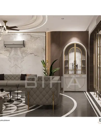 This perspective of the Gurugram living room focuses on the custom arched display cabinet and the intricate metal screen divider. These elements add architectural interest and provide elegant solutions for storage and space definition, enhancing the room's luxurious feel.