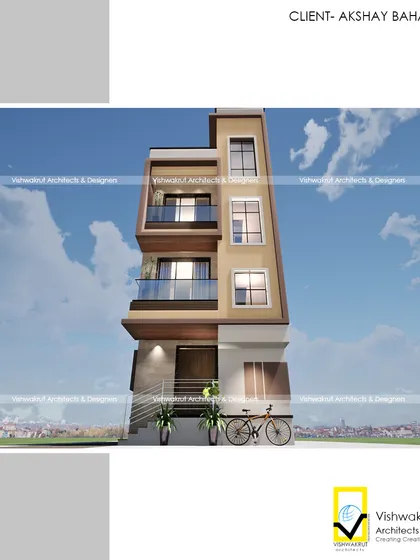 A perspective view of the 'Eifel Tower' project in Bhendkhal. This angle shows how the balconies are integrated into the narrow facade to provide outdoor space for each level.