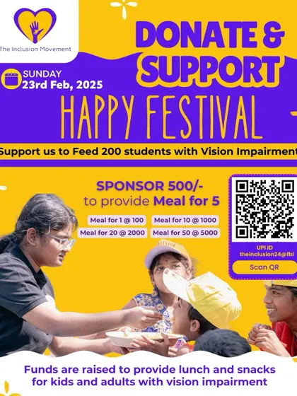 A call for support for our Happy Festival. Donations help us provide meals for over 200 students with vision impairment and 200 volunteers, ensuring everyone has a wonderful day.