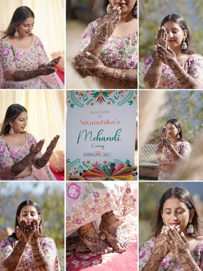 A grid of nine photos from a Mehandi ceremony, including the welcome sign. This provides a comprehensive look at the event, from the decor to the bride's portraits.