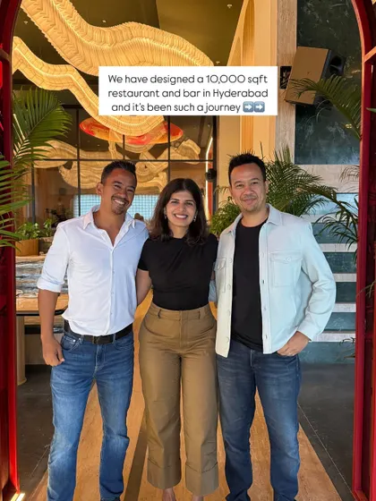 Standing with our incredible clients, Ryan and Keenan Tham, at the entrance of the completed Koko Hyderabad. This journey was a true collaboration.