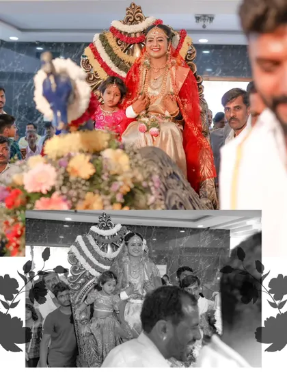 The bride being carried in on a decorated chair, a joyful and traditional part of the wedding ceremony.
