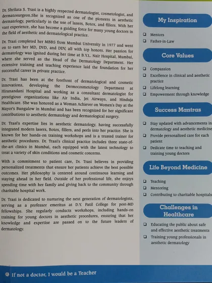 This page from the Inspiring Cosmetologist feature on Dr. Trasi outlines her core values, success mantras, and dedication to mentoring the next generation of dermatologists. It offers a deep look into the principles that guide our practice.