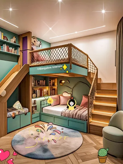 A playful and imaginative kids' bedroom with a custom-built bunk bed that includes a slide and staircase with built-in storage. This design showcases our ability to create fun, safe, and practical furniture that children love, complete with a cozy reading nook underneath.