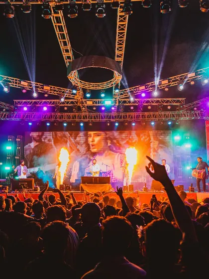 The crowd at Spring Fest '25, IIT Kharagpur, with hands in the air, illuminated by our stage lights and pyro flames.