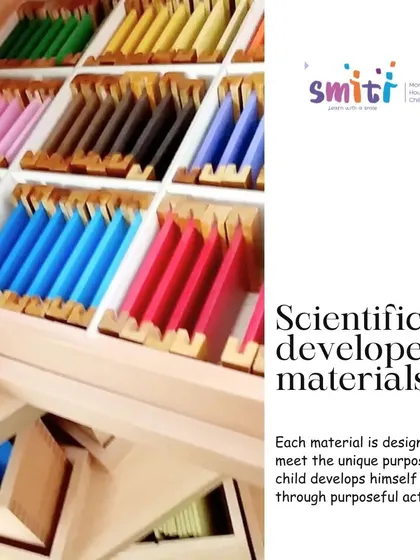 Our classroom shelves are filled with scientifically developed materials, like these color tablets. Each material is designed with a specific purpose to help the child develop unique skills through hands-on activity.
