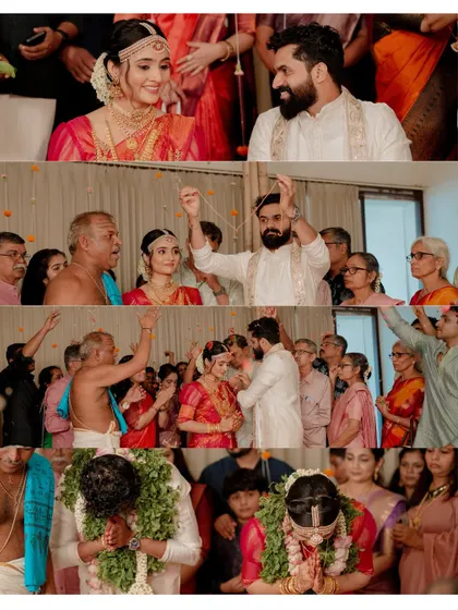 A collage of key moments from Ganga and Vishnu's wedding, from the tying of the thali to the blessings from elders. A complete story of their union.