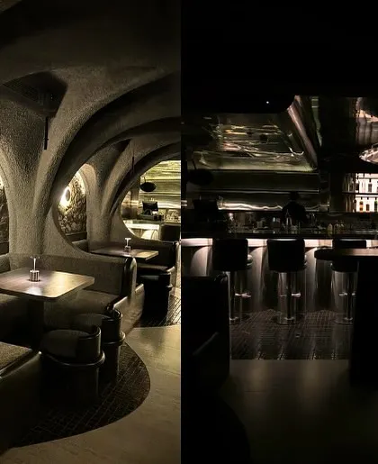 A split view of the "Call me ten" interior, showing the contrast between the cave-like, textured seating areas and the dark, sleek bar. My surface solutions were key to achieving this dramatic, multi-layered design.