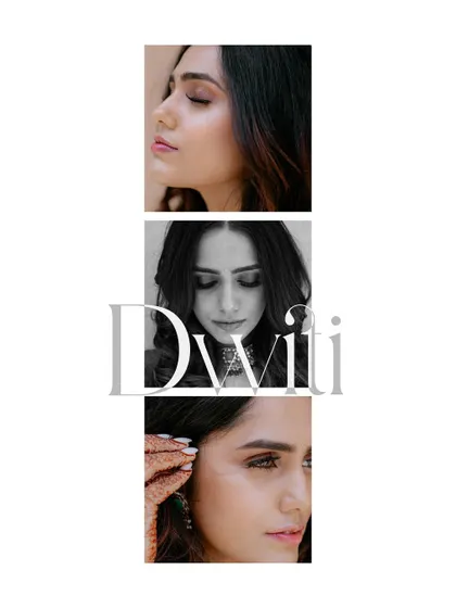 A stylish, graphic presentation of three bridal portraits, showcasing different expressions and angles.