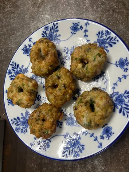 The finished Prawn Pataka Vadas, ready to be devoured. These are a perfect example of how I blend toddy shop vibes with rooftop swagger, creating unapologetic Kerala flavors.