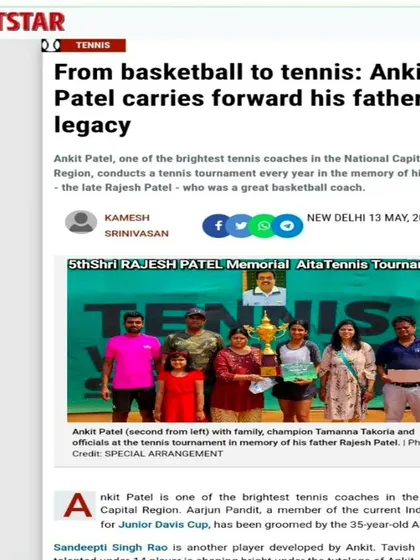 An article from Sportstar featuring our founder, Ankit Patel, and his journey in carrying forward his father's legacy in sports coaching.