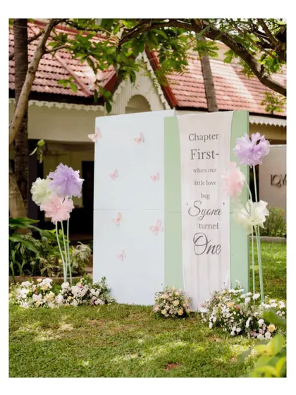 A unique storybook-style welcome sign for Syona's first birthday. The 'Chapter First' design is a creative and personal touch for a magical celebration.