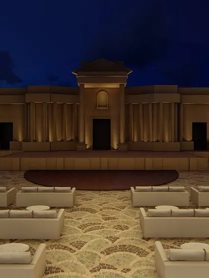A render of the lounge area in front of the main stage. This helped us visualize the guest flow and experience before a single stone was laid.