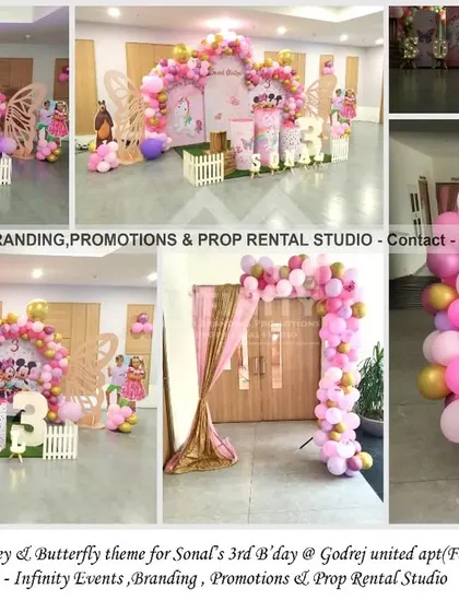 When you can't pick just one favorite, we combine them! This unique 3rd birthday party features a mix of Unicorn, Mickey, and Butterfly themes, with a pink and gold color palette, a semi-arch backdrop, and character cutouts.