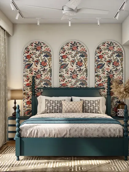 Another bedroom concept for the same project, this one with a more traditional feel. It showcases a dark teal four-poster bed set against three arched niches with vibrant floral wallpaper.