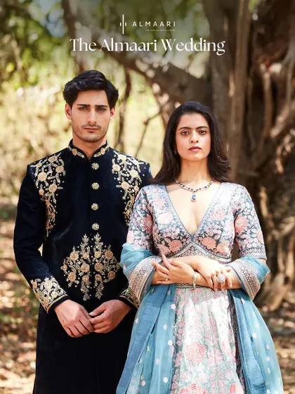 Why should girls have all the fun? I offer coordinated looks for couples too. This stunning floral lehenga and embroidered velvet sherwani set is perfect for the power couple ready to turn heads.