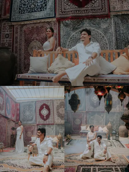A collage of moments from a magical, Arabian nights themed pre-wedding shoot. The rich textures and colors of the film city set create a stunning backdrop.