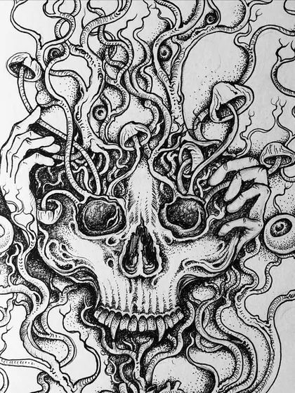 A close-up of the "Trip" skull piece.