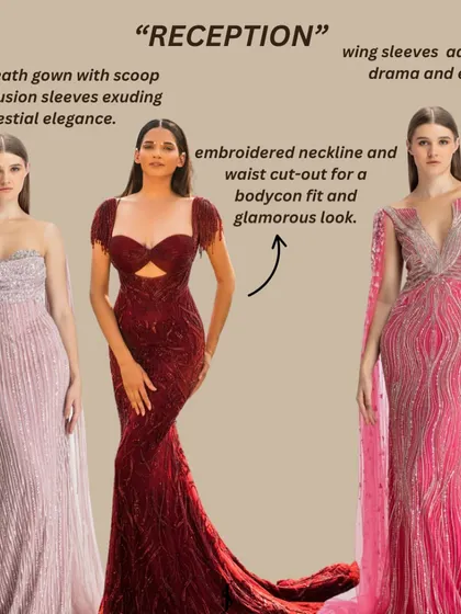 For your reception, go for drama and elegance. These gowns with wing sleeves, illusion details, and glamorous cut-outs are sure to turn heads.