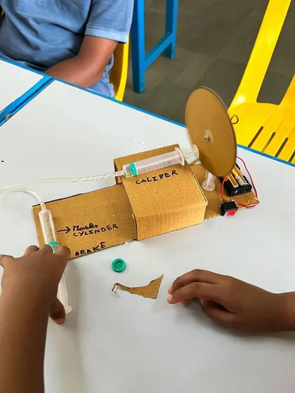 The completed hydraulic disc brake model, with the master cylinder and caliper clearly labeled. This hands-on model makes a complex engineering concept easy to understand.