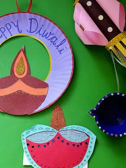 Colorful diyas and lanterns made by the children for our Diwali celebrations. These festive crafts help them connect with cultural traditions in a hands-on, creative way.